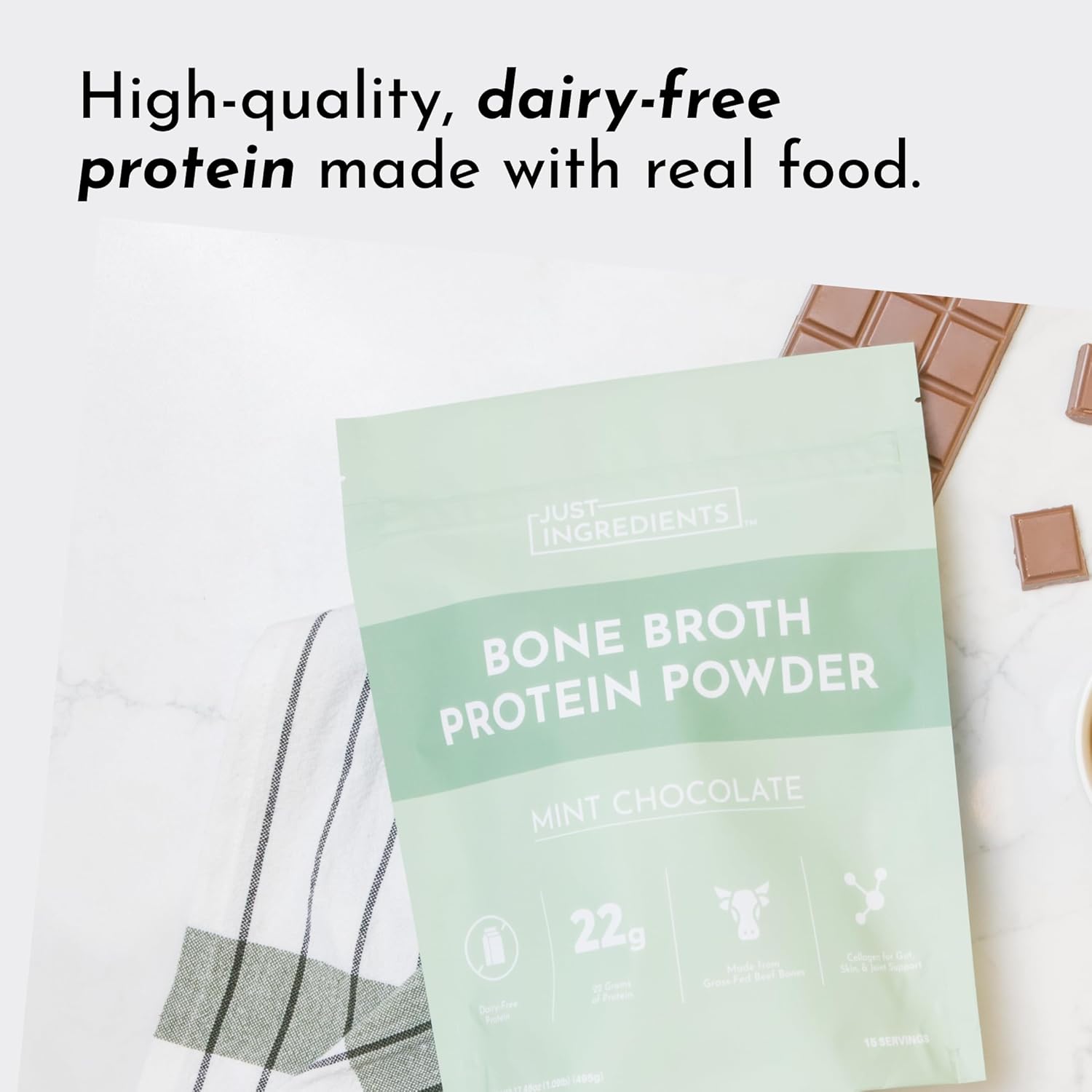 Bone Broth Protein Powder – Mint Chocolate | 15 Servings | 21g Grass-Fed Protein per Serving | Dairy-Free | Collagen for Gut, Skin & Joint Support | Made with Real Food Ingredients - Image 3