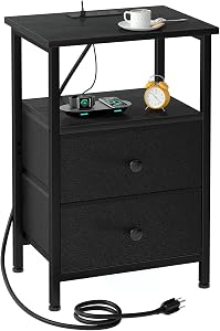 LOAKEKEL Night Stand with Charging Station, Small Bedside Table with Fabric Drawer, Nightstand with USB Ports & Outlets for Bedroom, Living Room, Black, HETS020BK-1