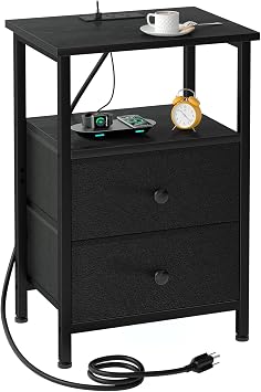 LOAKEKEL Night Stand, Nightstand with Charging Station, Slim Industrial Bedside Table with 2 Fabric Drawers, Small End Table with USB & Type-C Ports for Bedroom, Black, HETS020BK-1