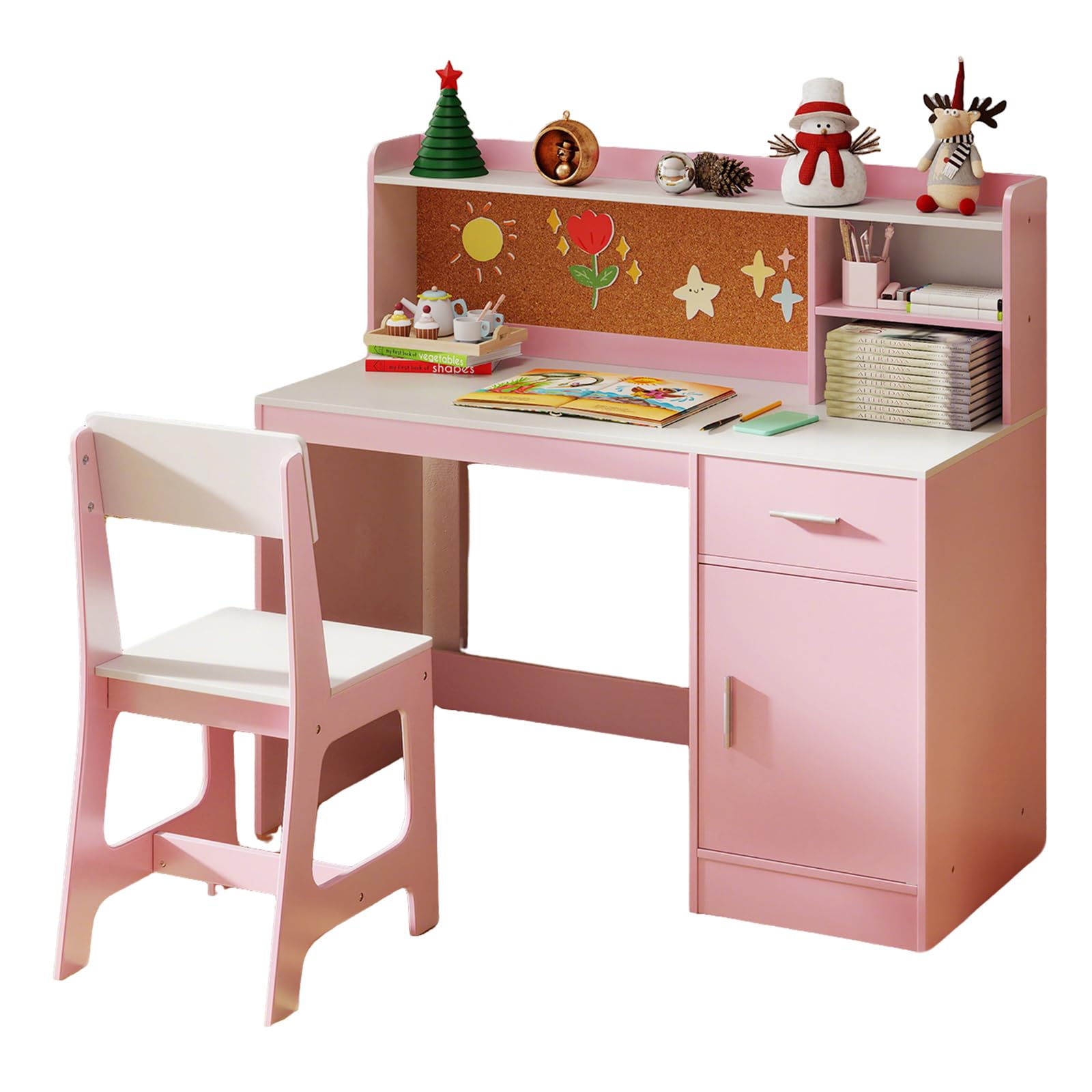 GOPLUS Bureau Enfant Garçon Fille avec Chaise, Bureau avec Rangement Étagère Tiroir Armoire, Panneau en Liège, Table Chaise Enfant pour Manger, Étudier, Dessiner (Rose)