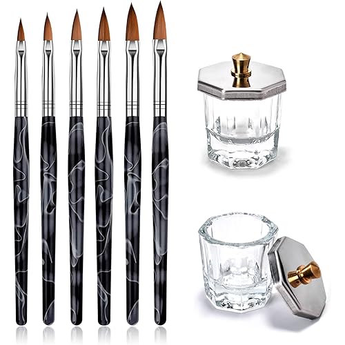 Kalolary 2Pcs Nail Art Dappen Dish with 6Pcs Acrylic Nail Brush Set, Mini Glass Cup with Lid, UV Gel DIY Brush Set, Acrylic Liquid Powder Styling Tool(Black Brush)