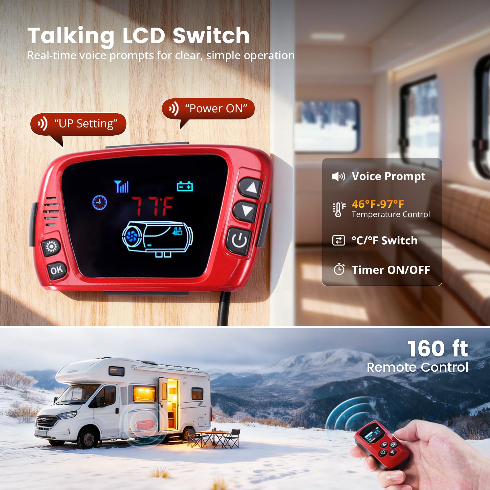 5-kW-Diesel-Heizgerät, Aluminiumgehäuse, 12-V-Diesel-Luftheizung, höhengeeignet, Standheizung mit LCD-Bedienfeld und Sprachansage & 15-Liter-Tank für LKWs, Wohnmobile, Camper und Boote