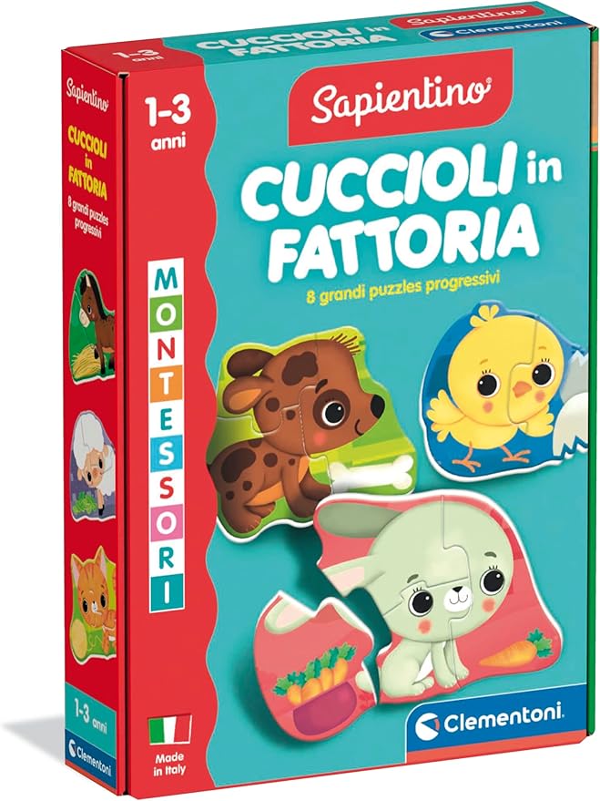 Clementoni Sapientino Baby - Cuccioli in Fattoria, Gioco Educativo Montessori per Bambini di 1-3 Anni, Puzzle Sagomati Colorati per Scoprire Gli Animali, Made in Italy, Lingua Italiana, 16850