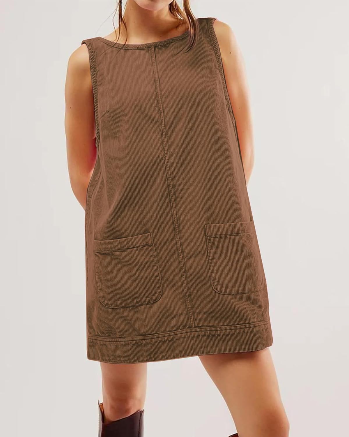 Kedera Women's Corduroy Overall Dress Scoop Neck A Line Pinafore Mini Dress Skirtall Jumper Dress with Pockets - Image 5