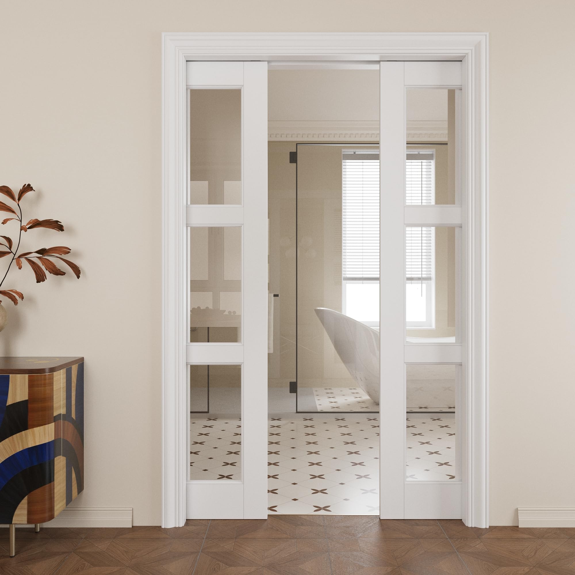 Pocket Door,3-Lite Clear Glass Doors,French 48x80 Sliding Door