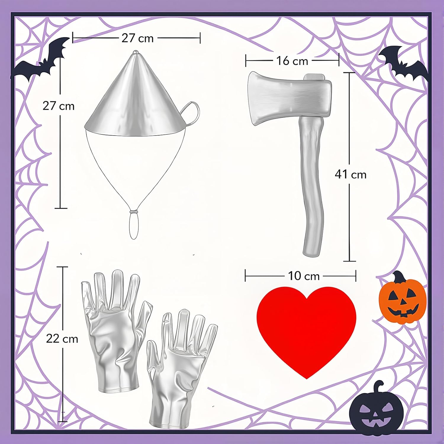 Mepase 10 Pcs Halloween Scarecrow Couple Costume Set Silver Funnel Hat Gloves Axe Scarecrow Hat Neck Wrist Leg Ties with Red Heart Sticker for Adults Wizard Cosplay Accessory - Image 2