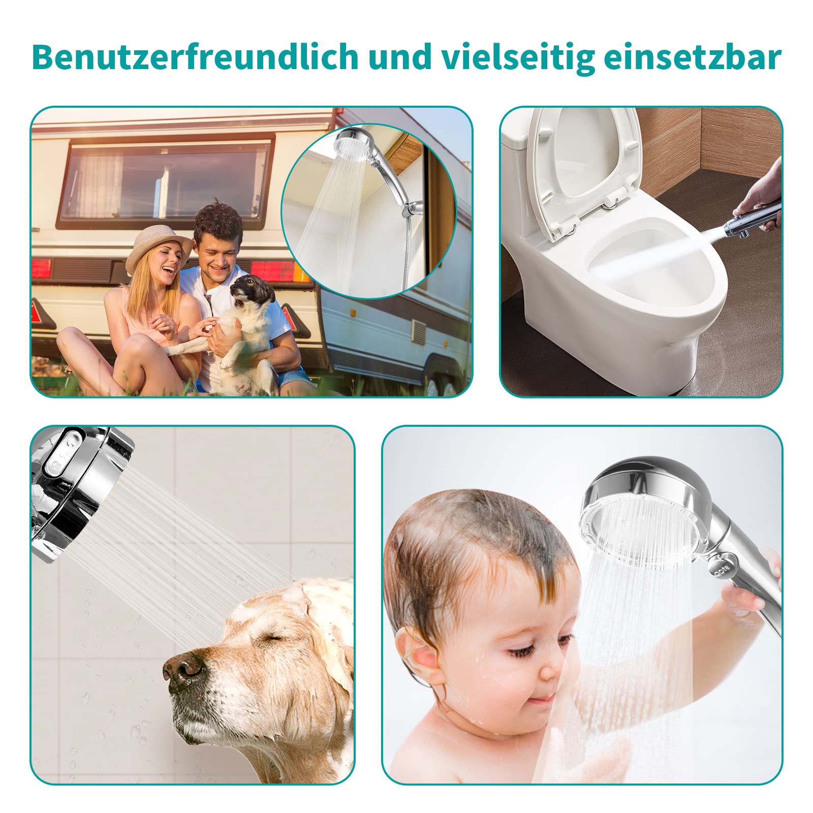 MIAOHUI Soffione Doccia Con Tubo E Supporto – 3 Gettoni, Risparmio Acqua Con Pulsante Stop, Alta Pressione, Cromato - 6