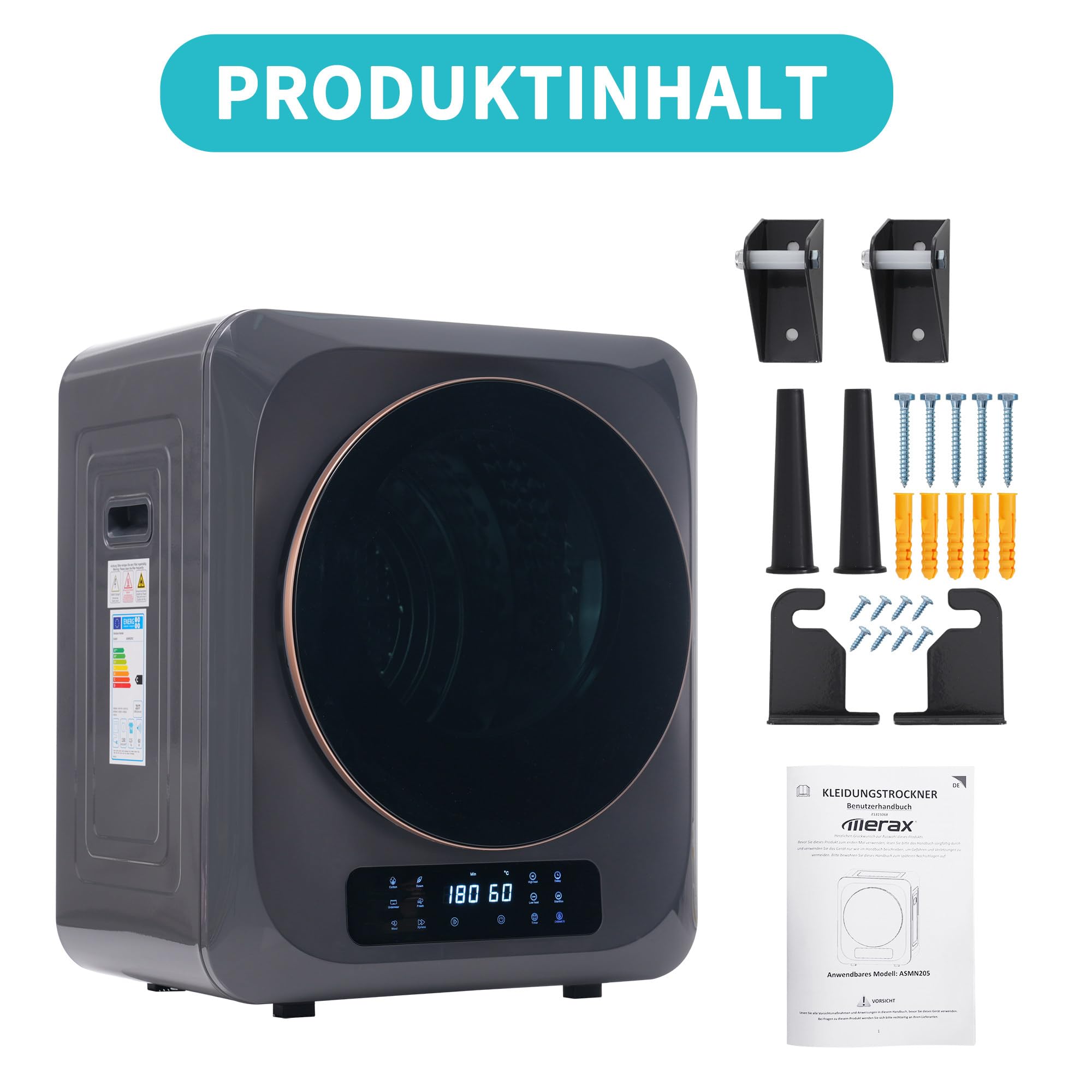 Wäschetrockner Abgastrockner, Edelstahltrockner, 2,5 kg, tatsächlich bis zu 4 kg, 850 W, Mehrfachfiltration, 6 Programme, 6 Funktionen. Überhitzungsschutz, Wandmontage,Grey