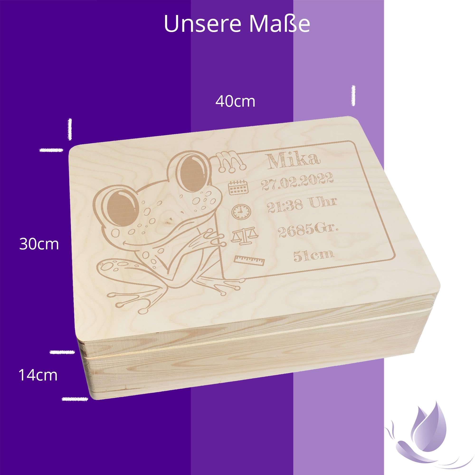 Scatola dei ricordi personalizzata per neonati e bambini con incisione a rana, scatola in legno per bei ricordi, 40 x 30 x 14 cm