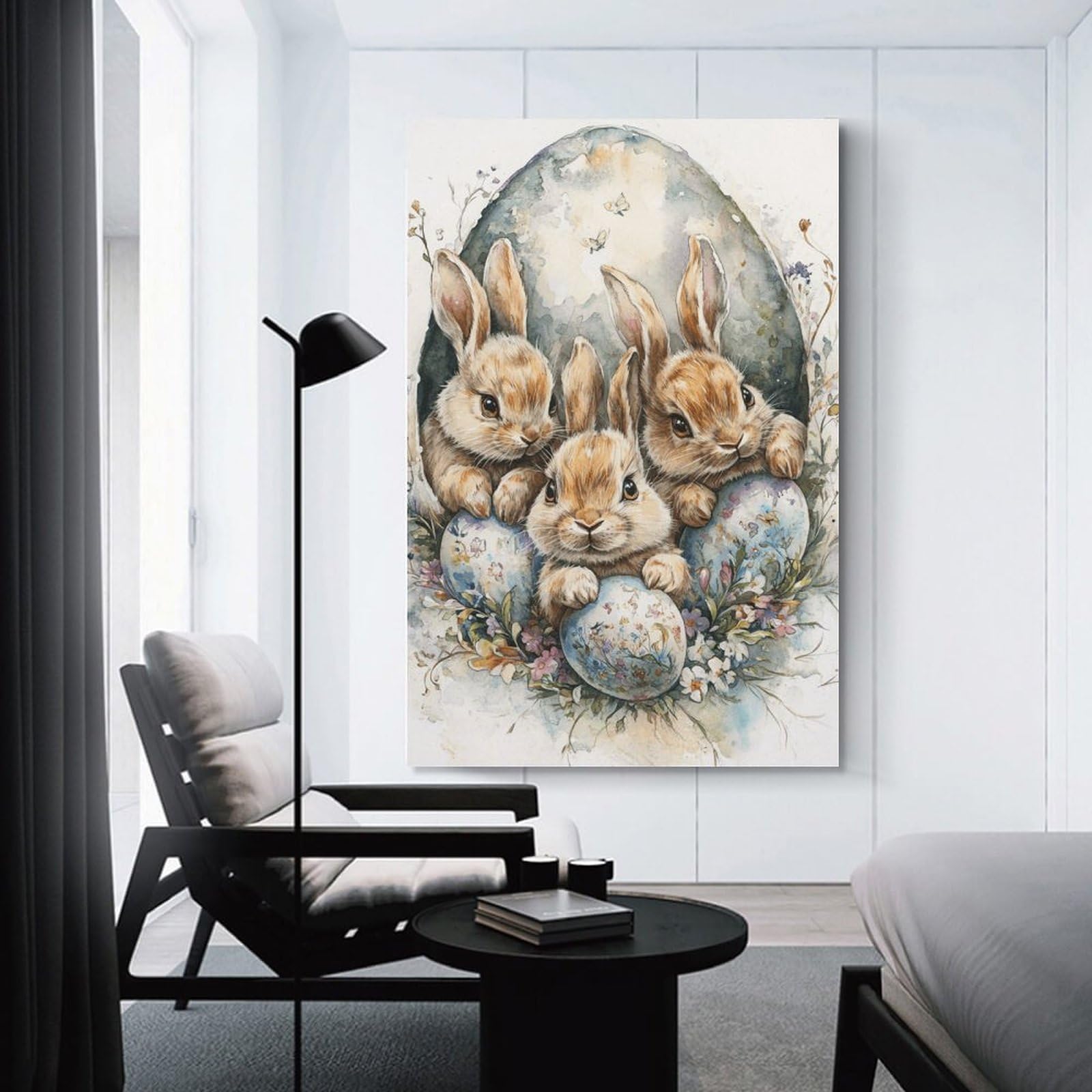 Junmoney Unframe-Style-21 Easter Bunny Watercolor Art Wall Decor Canvas Print, 08X12inch(20X30cm), For New Home Styling, Lounge Or Bedroom, Stylish Wall Art For Fresh Spaces