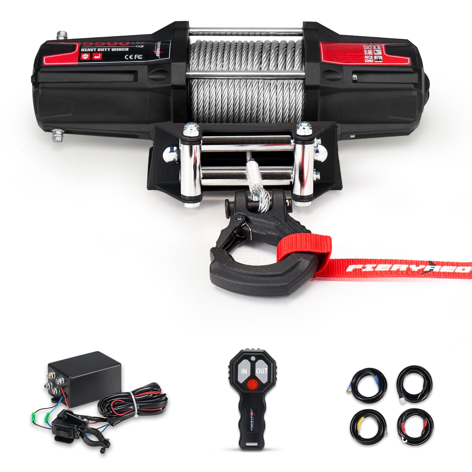FieryRed ATV/UTV Winch 12V 5500 lb Electric Winch with Steel Cable, with Wireless Remote Control Hawse Aluminium Fairlead & Mounting Bracket, Waterproof IP67