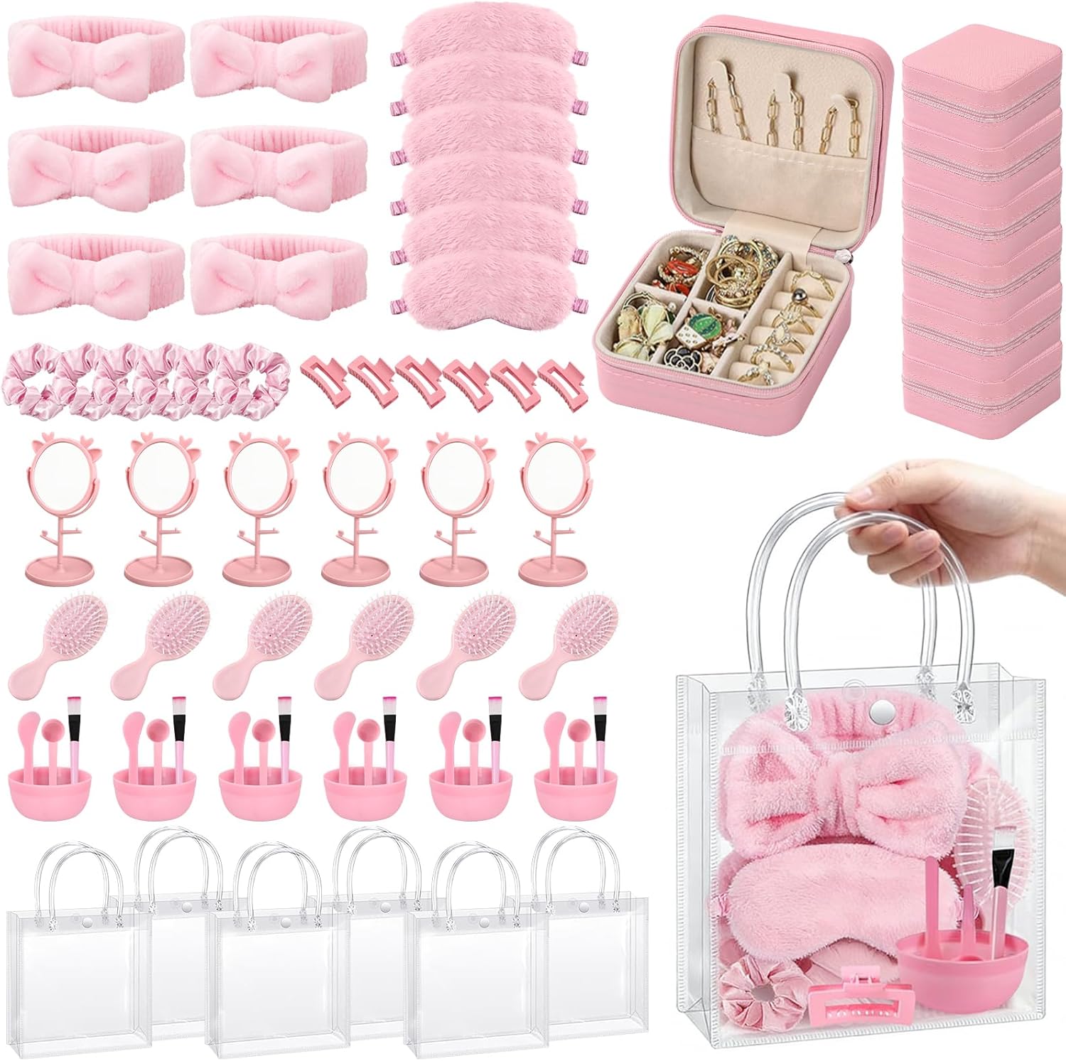 JarThenaAMCS 72Pcs Pink Spa Party Supplies Sleepover Party Favors Bow Headbands Eye Masks Scrunchies Hair Clips Makeup Mirrors Combs Jewelry Cases Bags for Women Bridesmaid Proposal Gift