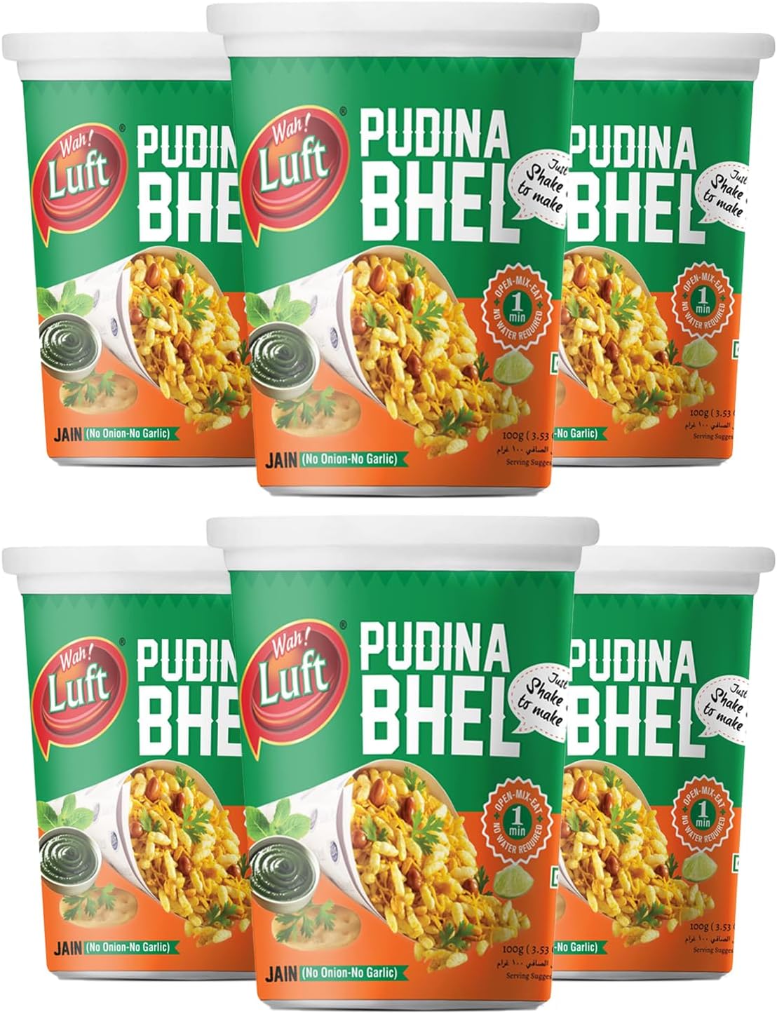 Wah Luft Instant and Delicious Phudina Bhel Puri Cup (Jain), Namkeen, Snacks, Ready to Eat, Chutney Inside, Chaat Special- 100g (Pack of 6)