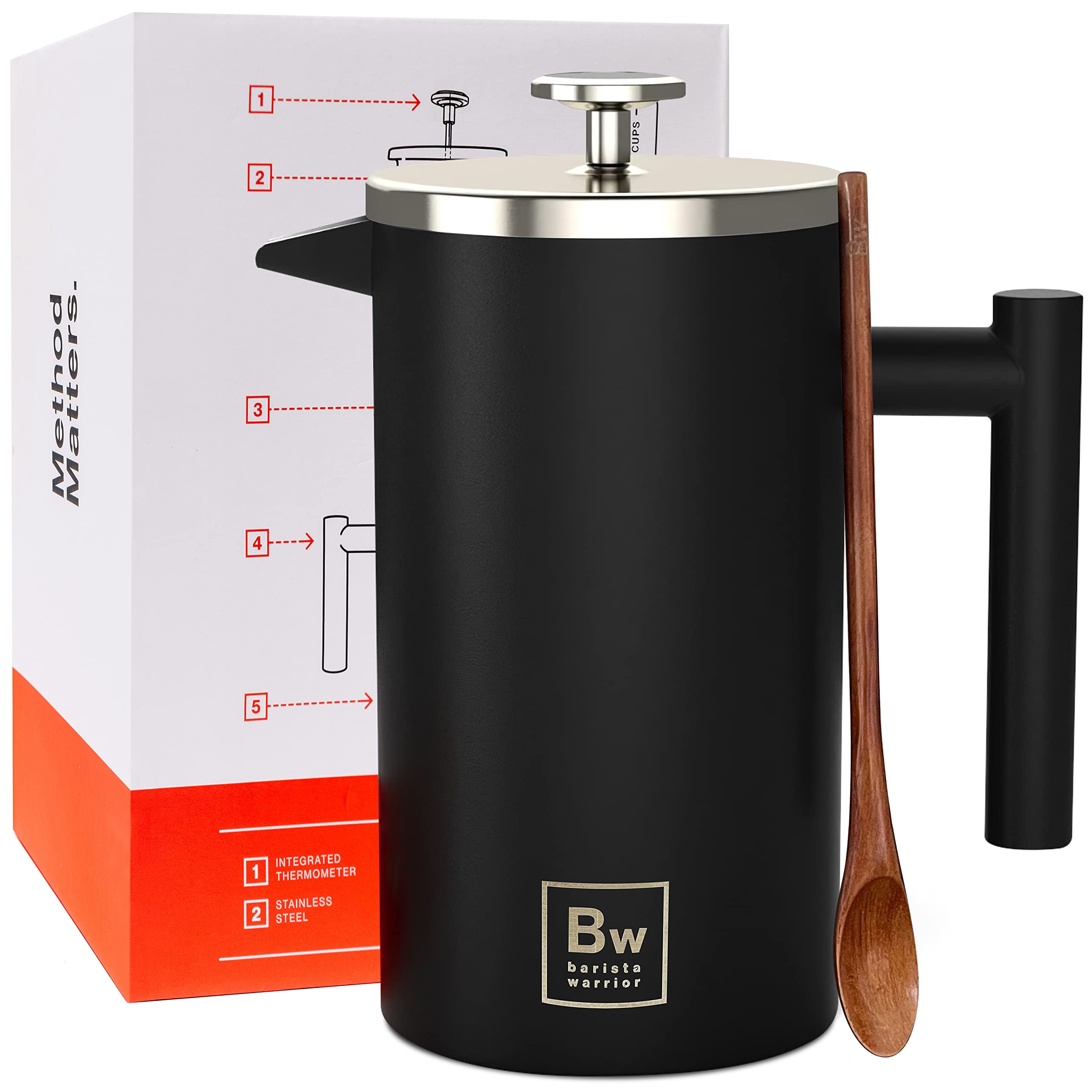 Prensador Francês Barista Warrior 1.0L - Aço Inoxidável, Termômetro Integrado, Isolamento Térmico