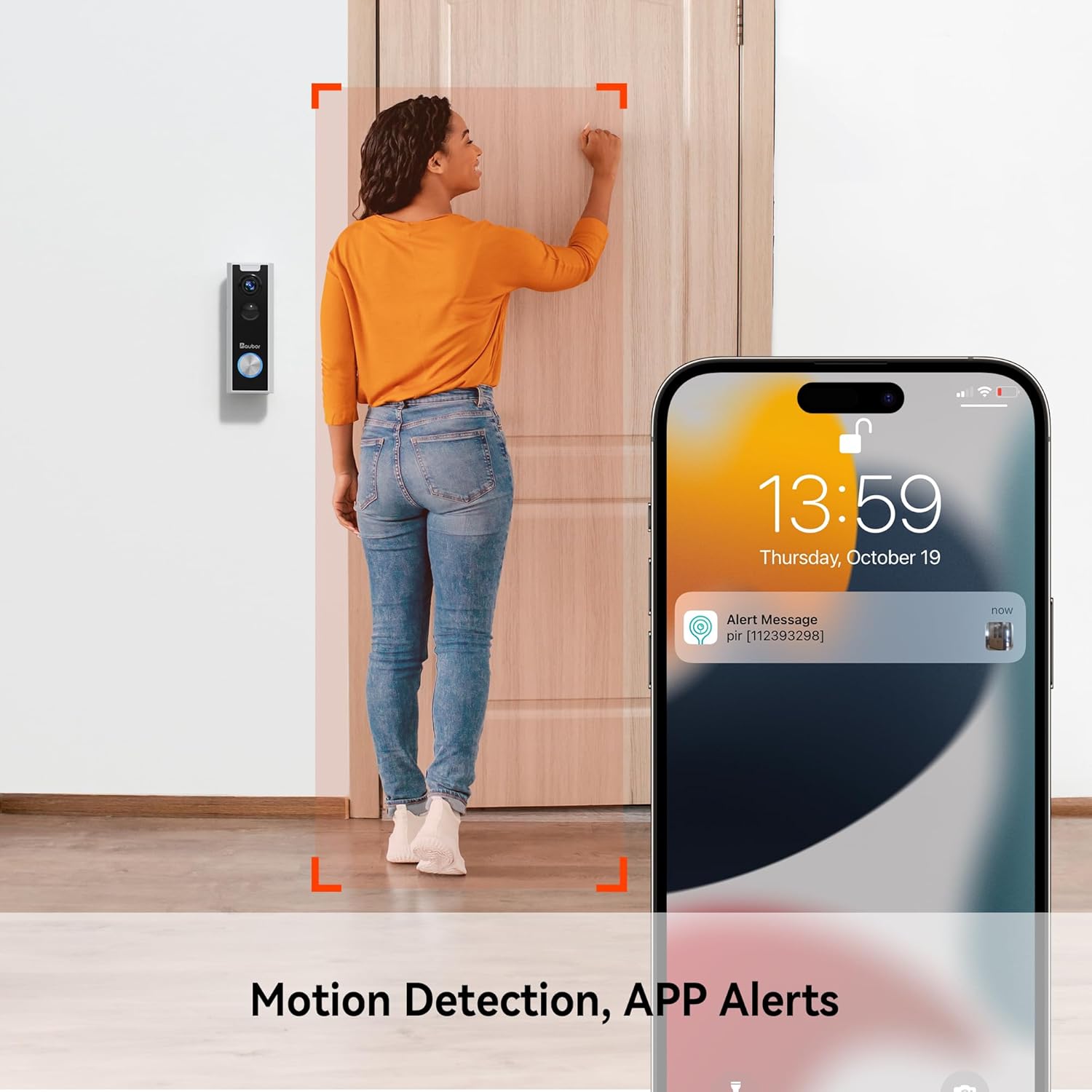 A person knocking on a door next to the AUBOR J10 doorbell, with a smartphone displaying a motion detection alert notification.