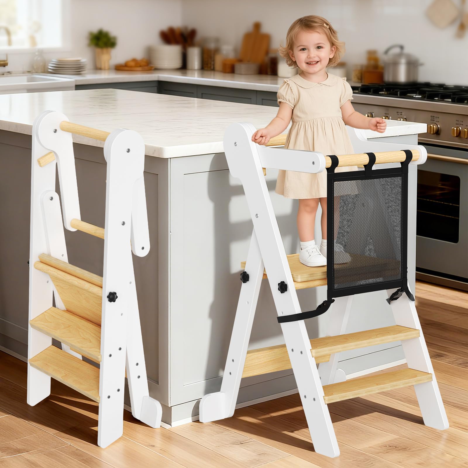 Torre didattica pieghevole regolabile in altezza per bambini con rete di sicurezza, portata 50 kg