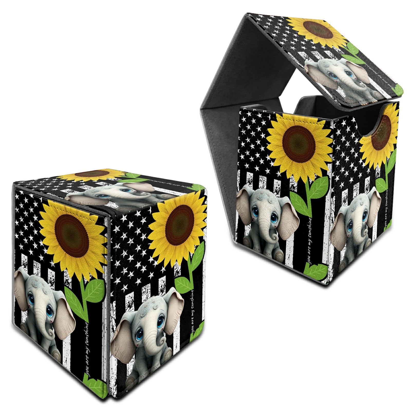 RWUTYTIUL for MTG Commander Deck Box, Card Storage Box Fits 100+ Sleeved Cards, PU Leather Large Size Strong Magnet Card Deck Case Holder for Board Game Magic MTG TCG CCG, Sunflower Elephant