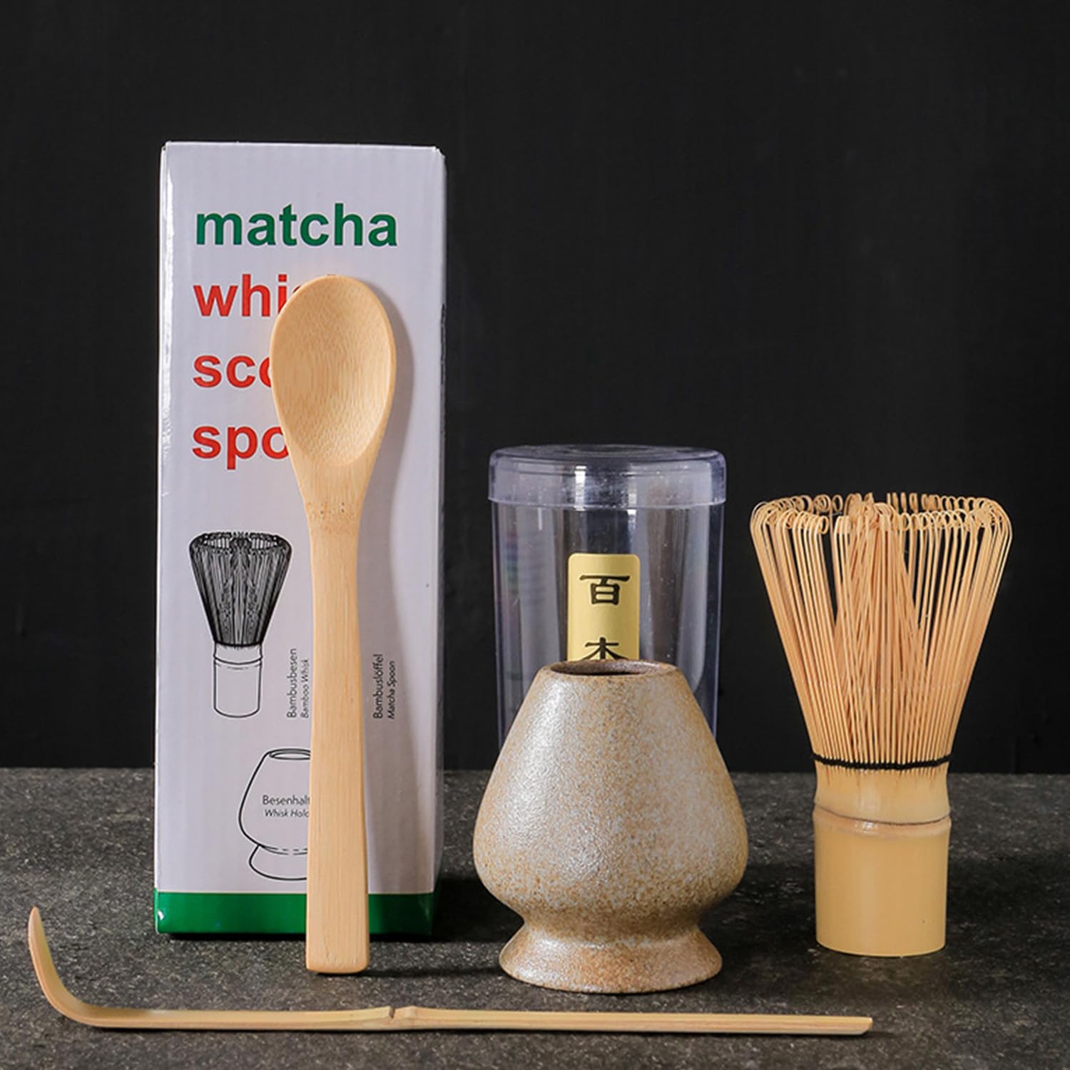 Yoseka Matcha Tea Set 4 Piece Chasen Whisk Stand Scoop Spoon Gray