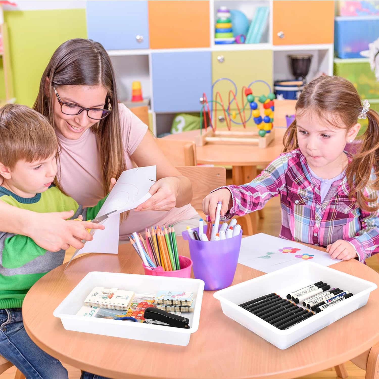 ShineMe Turn in Trays Classroom, 6 Pack White Paper Trays for Classroom with Colorful Labels, Thick Plastic Storage Bins for School, Office Organization, Letter Size Flat Storage Tray