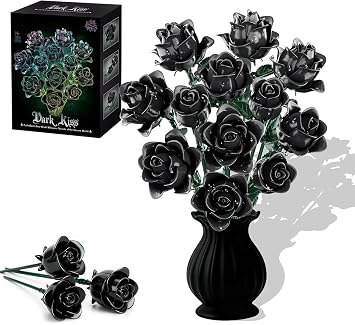 Black Rose Flower Bouquet Set, Artificial Flowers for Adults, Botanical Collection for Room Decoration, Artificial Plant Building Blocks Creative Gifts for Mother Women Girlfriend, No Vase