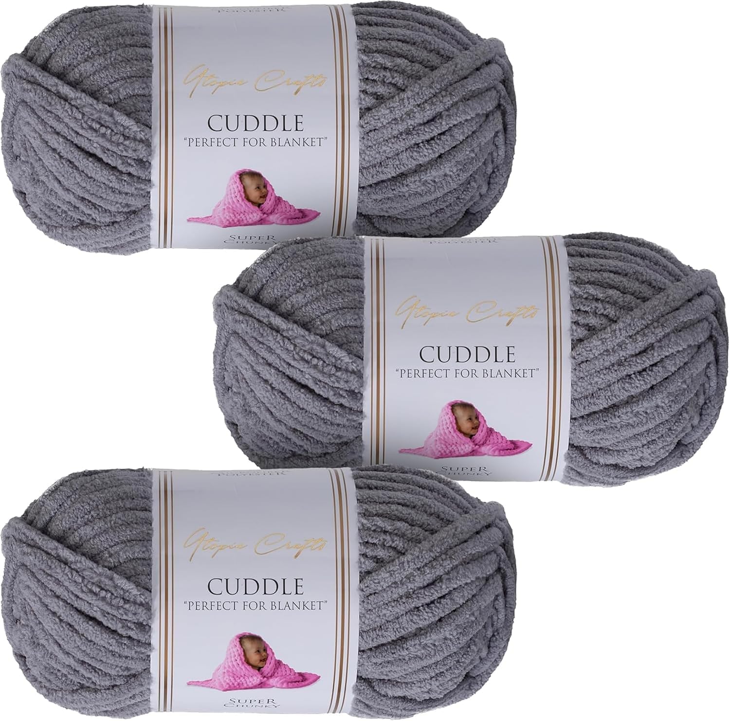 Utopia Crafts Cuddle Super Chunky Chenille Yarn Medium Grey, 100g 60m Ball, Fluffy, Soft & Easy to Use, Perfect for Crochet & Knitting, Machine Washable, Beginner-Friendly Wool Alternative - Pack of 3