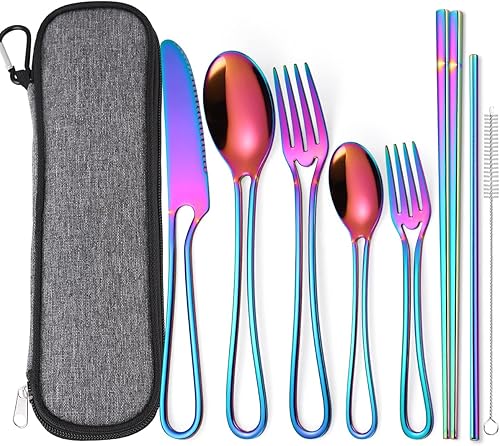 AARainbow - Juego de cubiertos de acero inoxidable de 6 piezas, transportables, reutilizables, utensilios de viaje, incluye palillos, cuchillo,