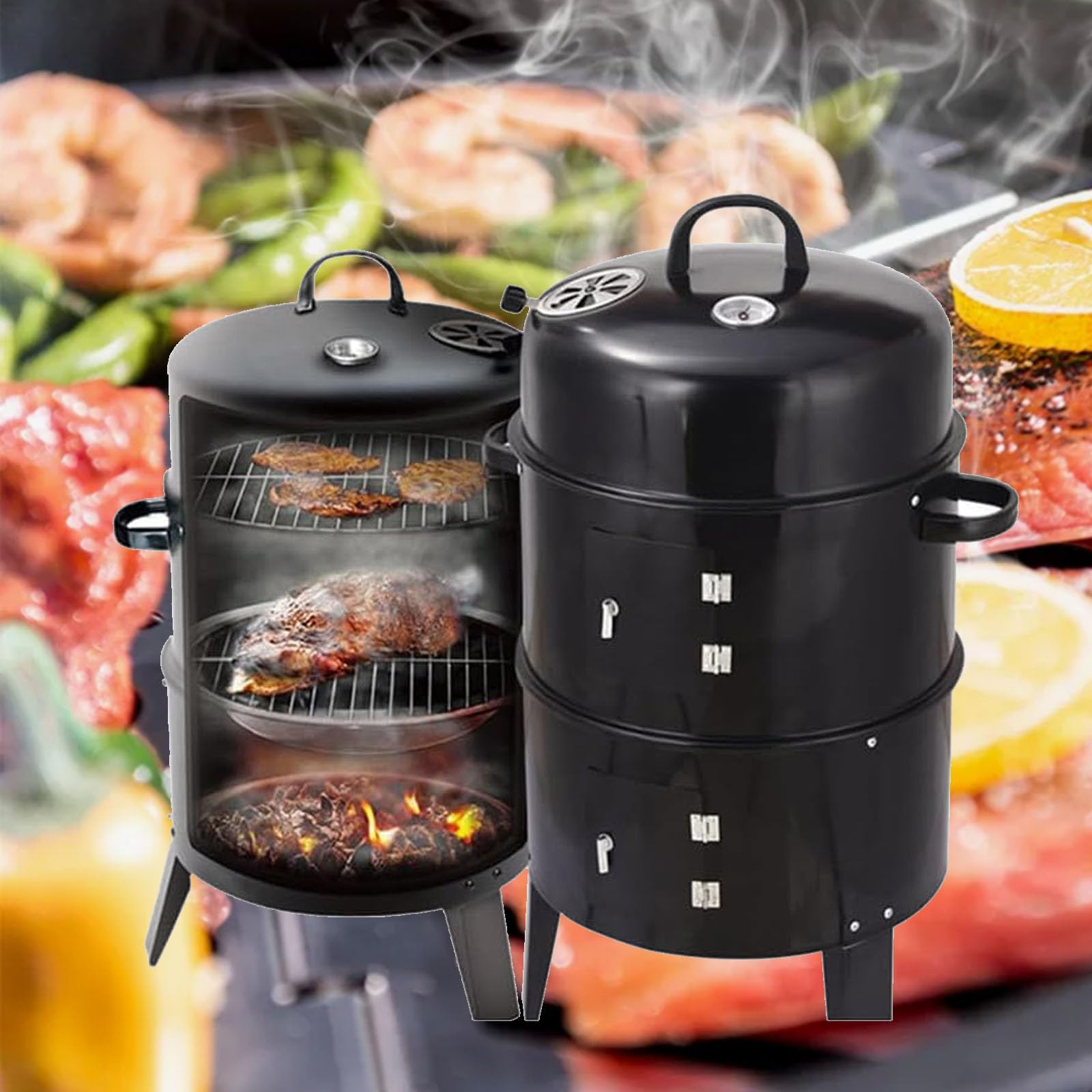 Grill do wędzarni, wytrzymały grill na węgiel drzewny, pionowa konstrukcja, równomierne ciepło 360°, do gotowania na świeżym powietrzu i imprez domowych