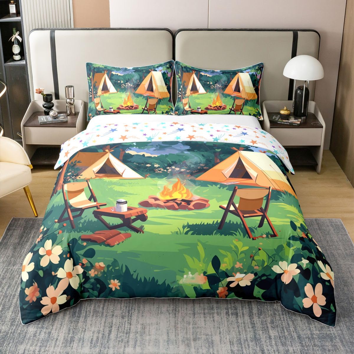 Loussiesd Juego de funda de edredón 100 % algodón, tamaño King, funda de edredón Happy Camping para niños y niñas, juego de ropa de cama de 3 piezas, accesorios de caravana, decoración de habitación
