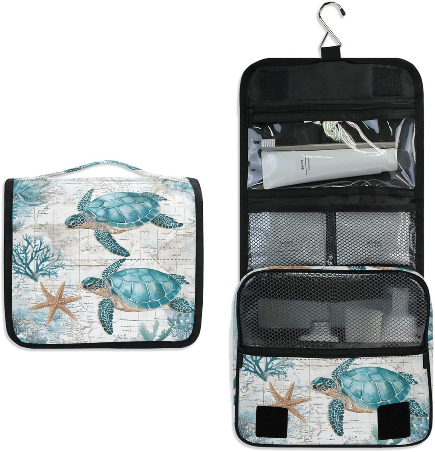 Hanging Toiletry Bag for Women Retro Sea Turtle Makeup Bag Travel Essentials Toiletries Organizer Bag Nautical Theme Map Cosmetic Bag Foldable