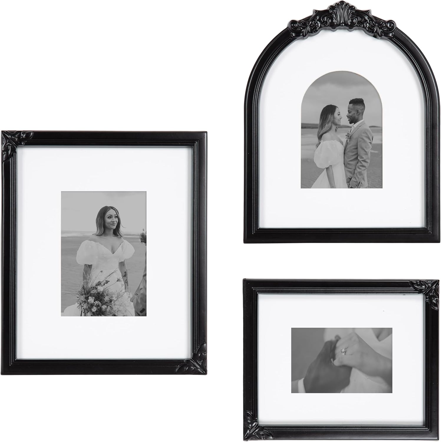 Kate and Laurel Arendahl Three-Piece Picture Frame Set, Black, Set of 3, Varying Sizes, Vintage Rectangle and Arched Photo Frame Set for Use as Gallery Wall Frames