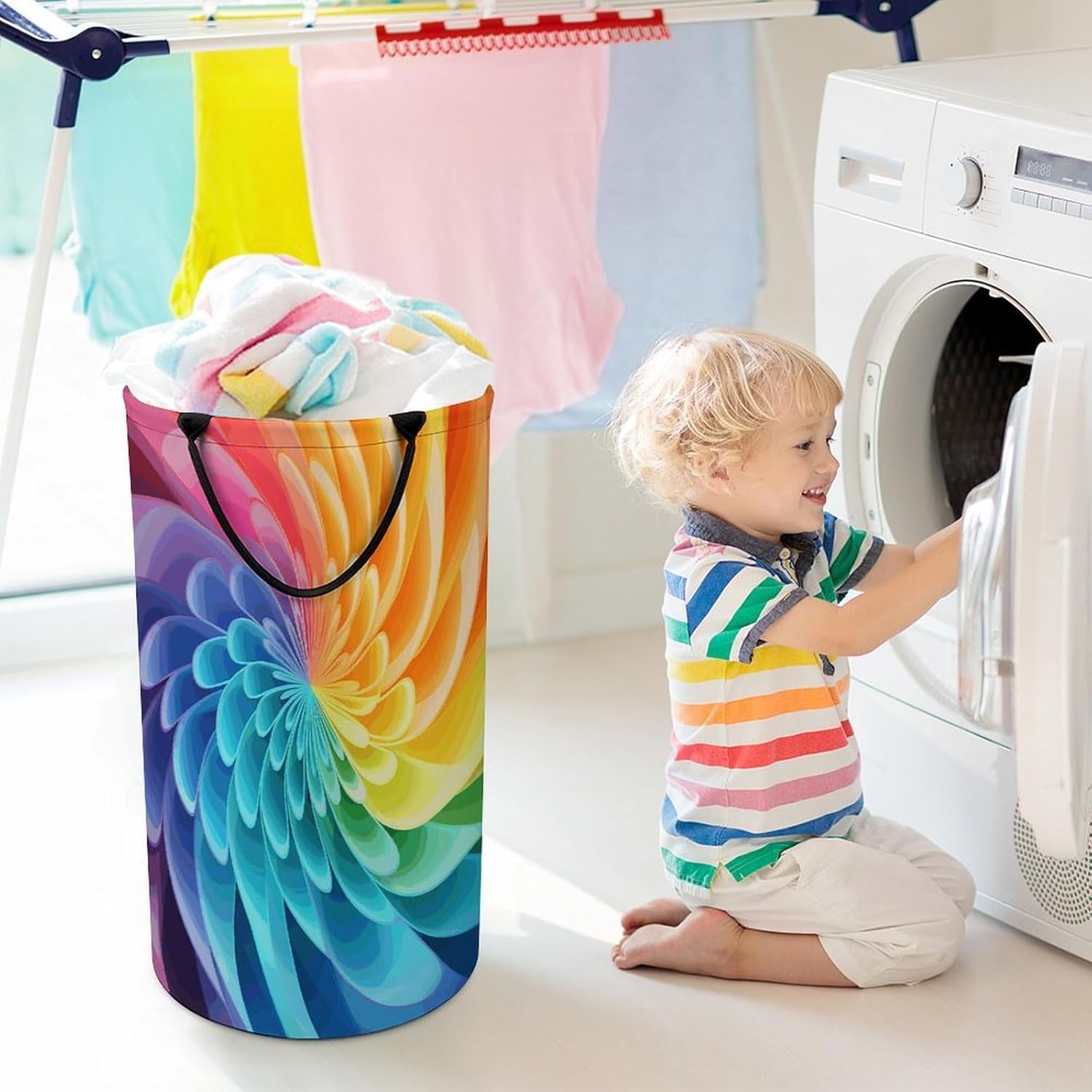 Rainbow DynamicLaundry Hamper - Large Dirty Clothes Bag.Storage Basket for Easy Carry Handles. Large Clothes Basket with Handles, Clothing Storage Bucket Toy Organizer for Bathroom Bedroom Dorm.