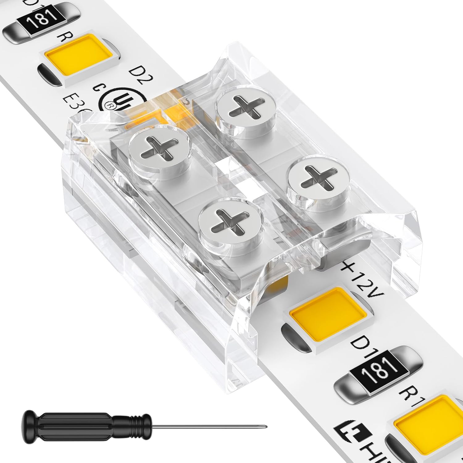 HitLights LED Connector 26 Pack 2 Pin 10mm for Single Color LED Strips | Solderless, Strip-to-Strip, Transparent, with Screwdriver, Reusable, for 5-24V SMD COB LED Single Color LED Strip Lights