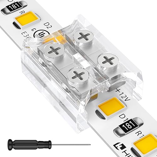 HitLights 26 Pack LED Connector 2 Pin 10mm Solderless LED Tape Light Connector Transparent LED Strip Light Connectors with Screwdriver Strip to Strip for 12V 24V Single Color LED Light Strip