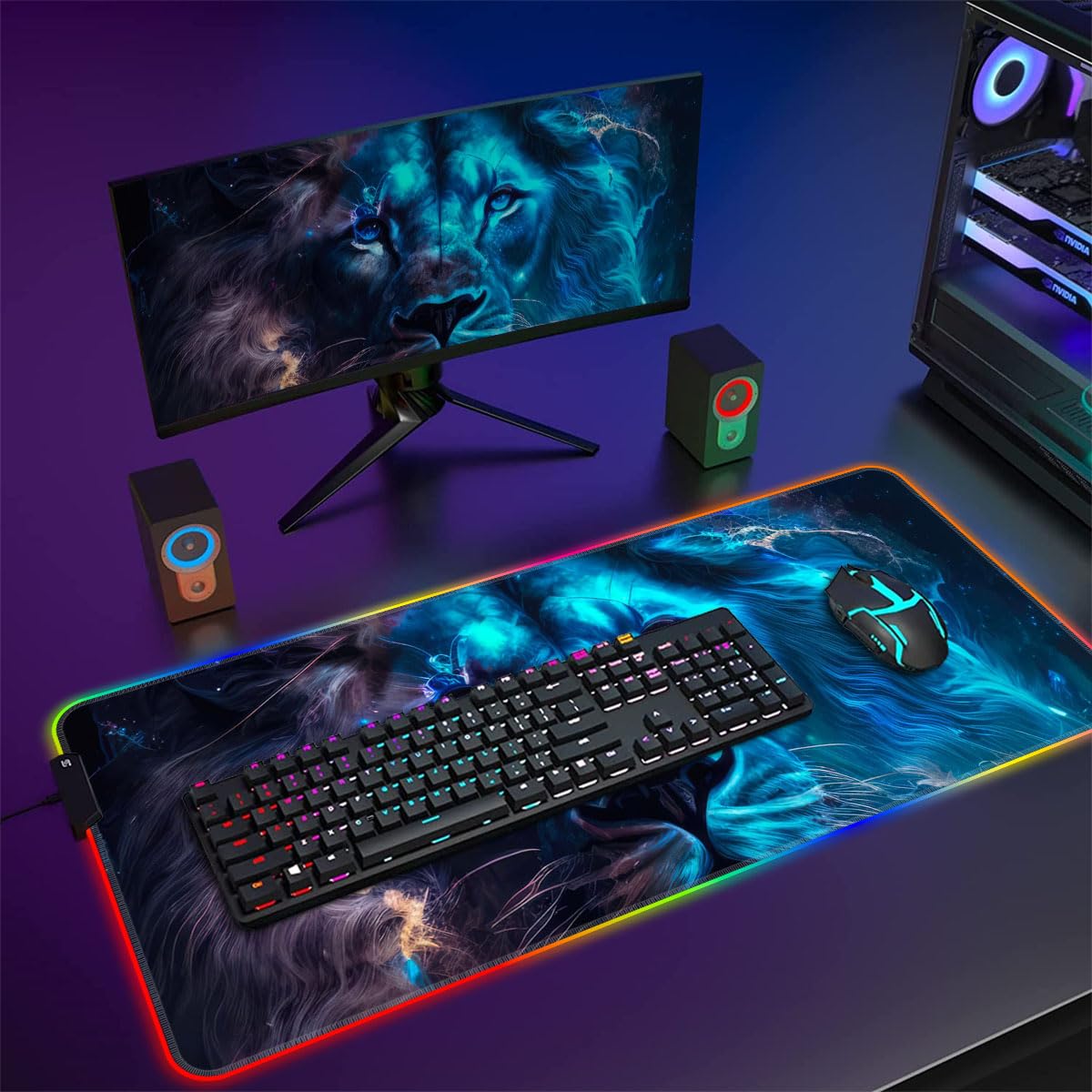 Tapis de Souris de Jeu RGB LED Doux Extra étendu, Grand Clavier et Tapis de Souris avec 14 Modes d'éclairage, Base étanche pour Joueur, Lion céleste Bleu 39,9 x 89,9 cm