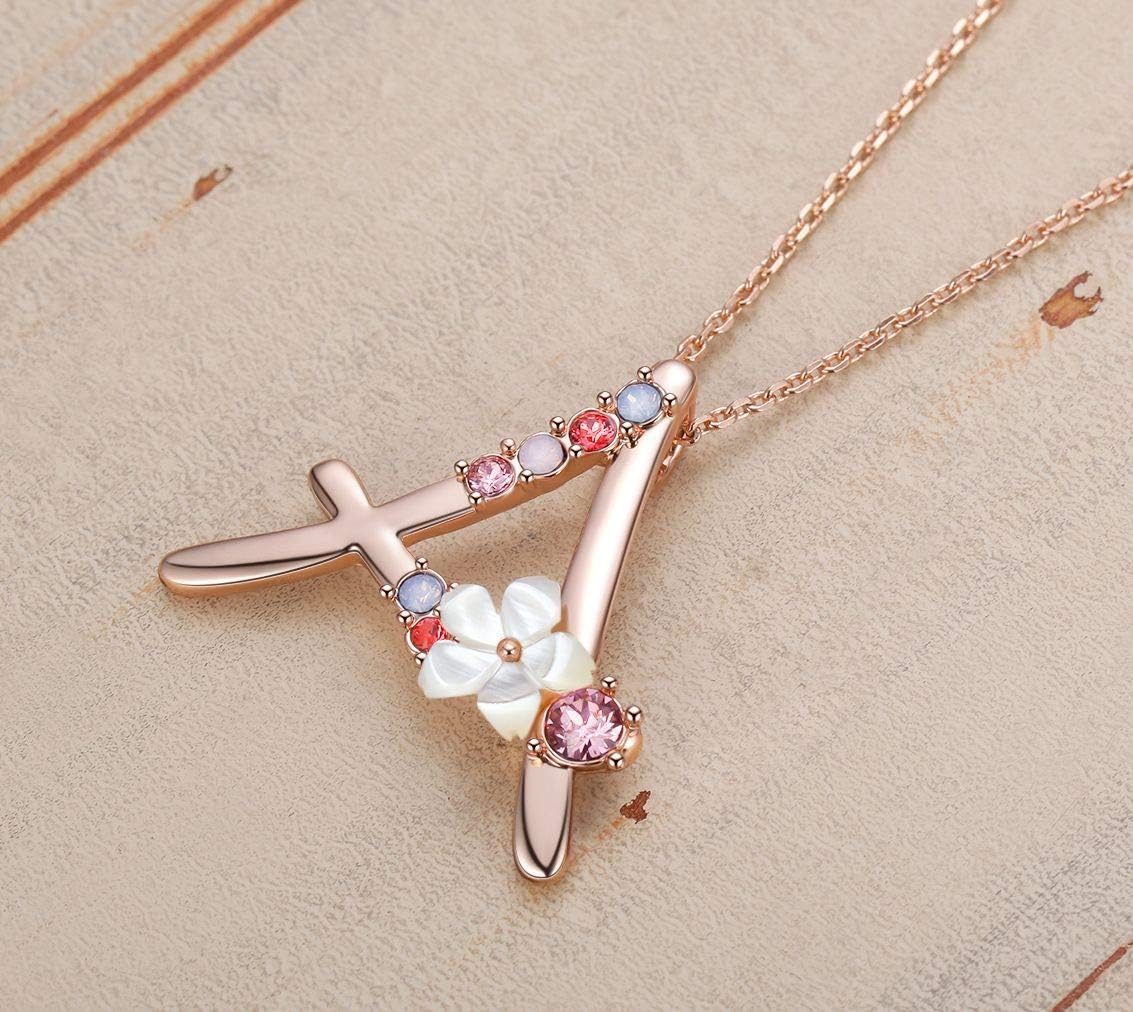 Flower Initial Letter Necklace Pink Red Blue Simulated Pearl Pendant Name Jewelry Made with Austrian Crystals Rose Gold Plated Anniversary Birthday Gifts for Women,18"+2" - Image 3