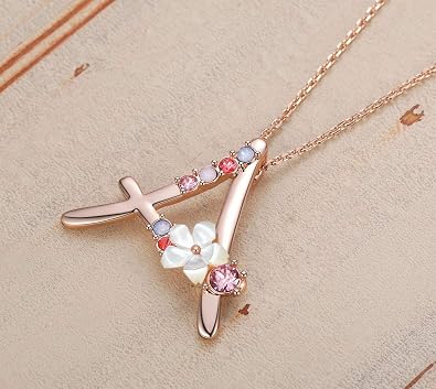 Flower Initial Letter Necklace Pink Red Blue Simulated Pearl Pendant Name Jewelry Made with Austrian Crystals Rose Gold Plated Anniversary Birthday Gifts for Women,18+2