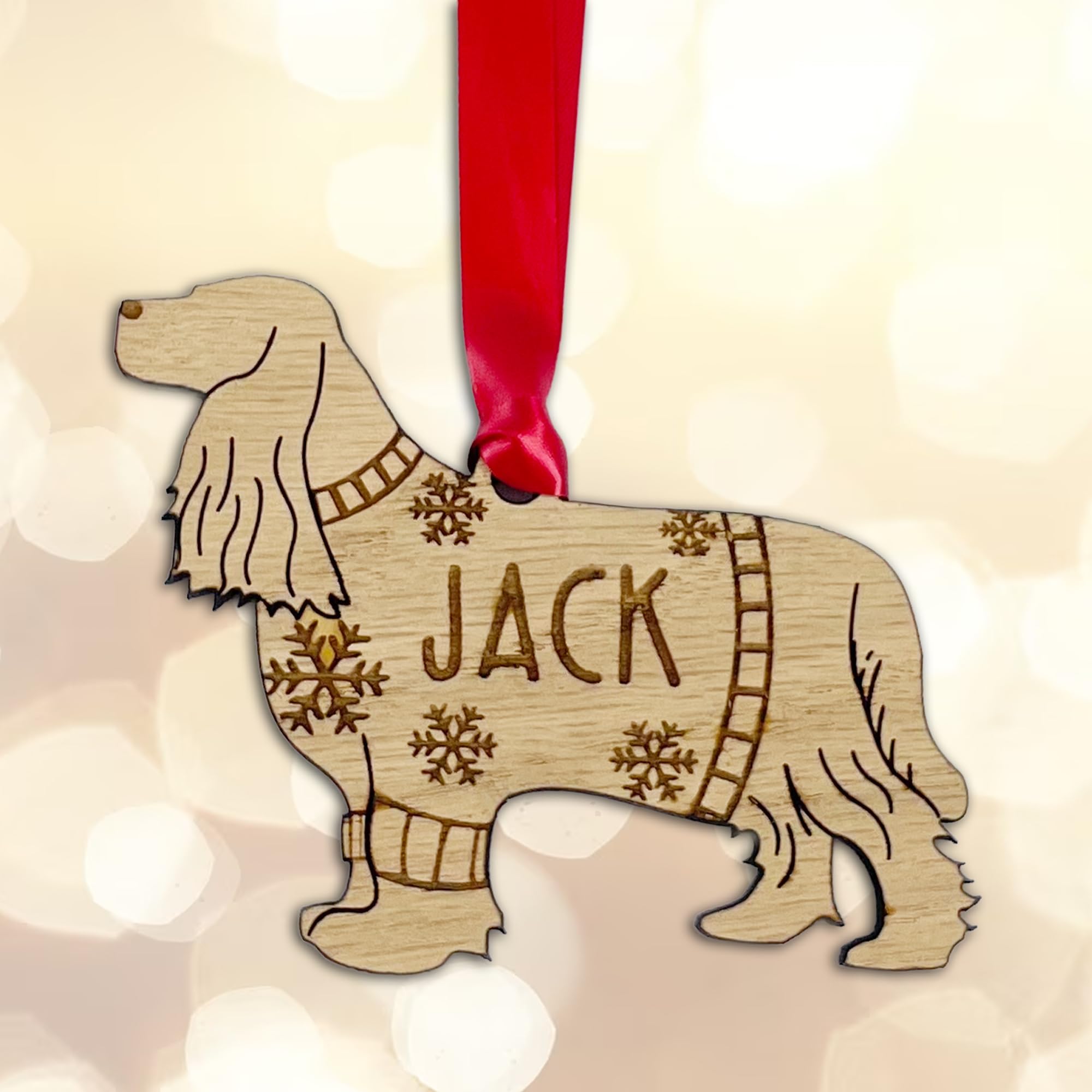 Personalised Cocker Spaniel Dog Christmas Tree Bauble Decoration, Wearing a Dog Jumper Design with Snowflakes, Customised Puppy Hanging Ornament, Oak Veneer Wood with Red Ribbon