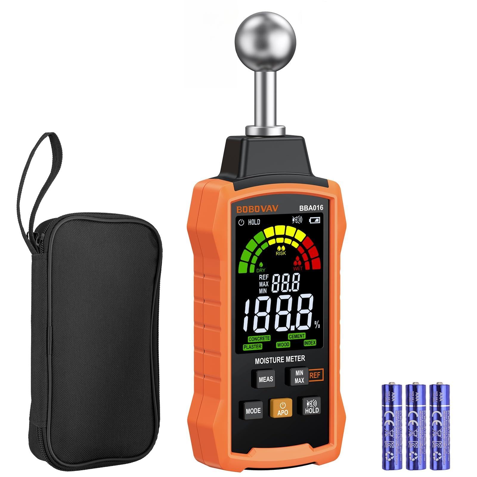BOBOVAV Moisture Meter with Ball Probe, 5–40mm Detection, 5 Modes, 3-Color Display with Sound Alarm, REF Function & Data Hold – Pinless Moisture Meter for Wood, Walls, Floors, Concrete & Cement