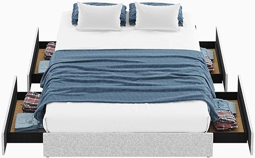 Miniatura 4 de Zafly - Base de cama tapizada de lino tamaño California King, plataforma con 4 cajones de almacenamiento, marco de cama de perfil bajo, soportes de