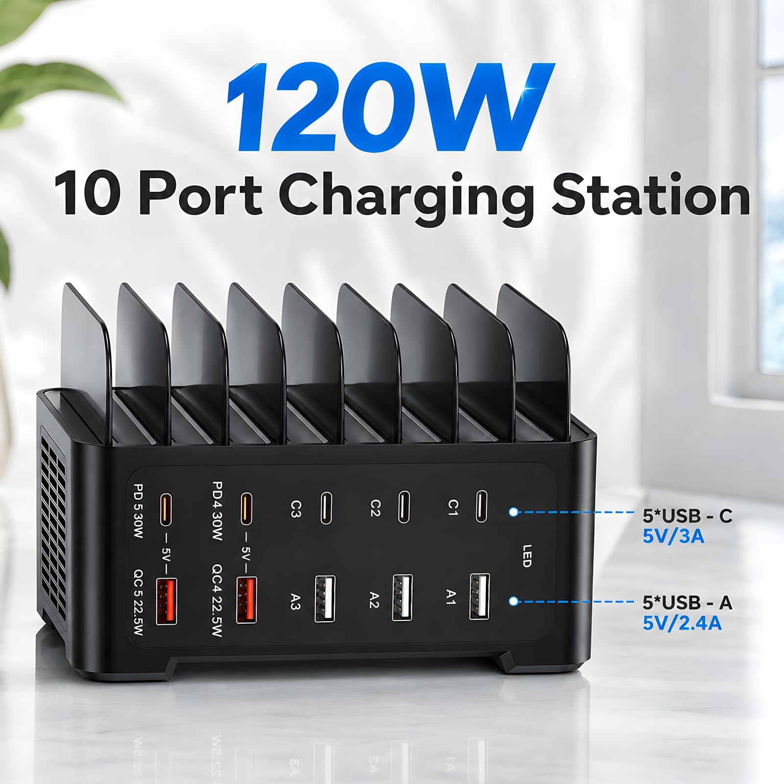 Stazione di Carica USB C, Stazione di Ricarica Rapida a 10 Porte 120W con 5 USB C e 5 USB A, Caricatore Multiplo Smartphone con Ventola di Raffreddamento, Caricabatteria per Telefoni, Tablet e Altri