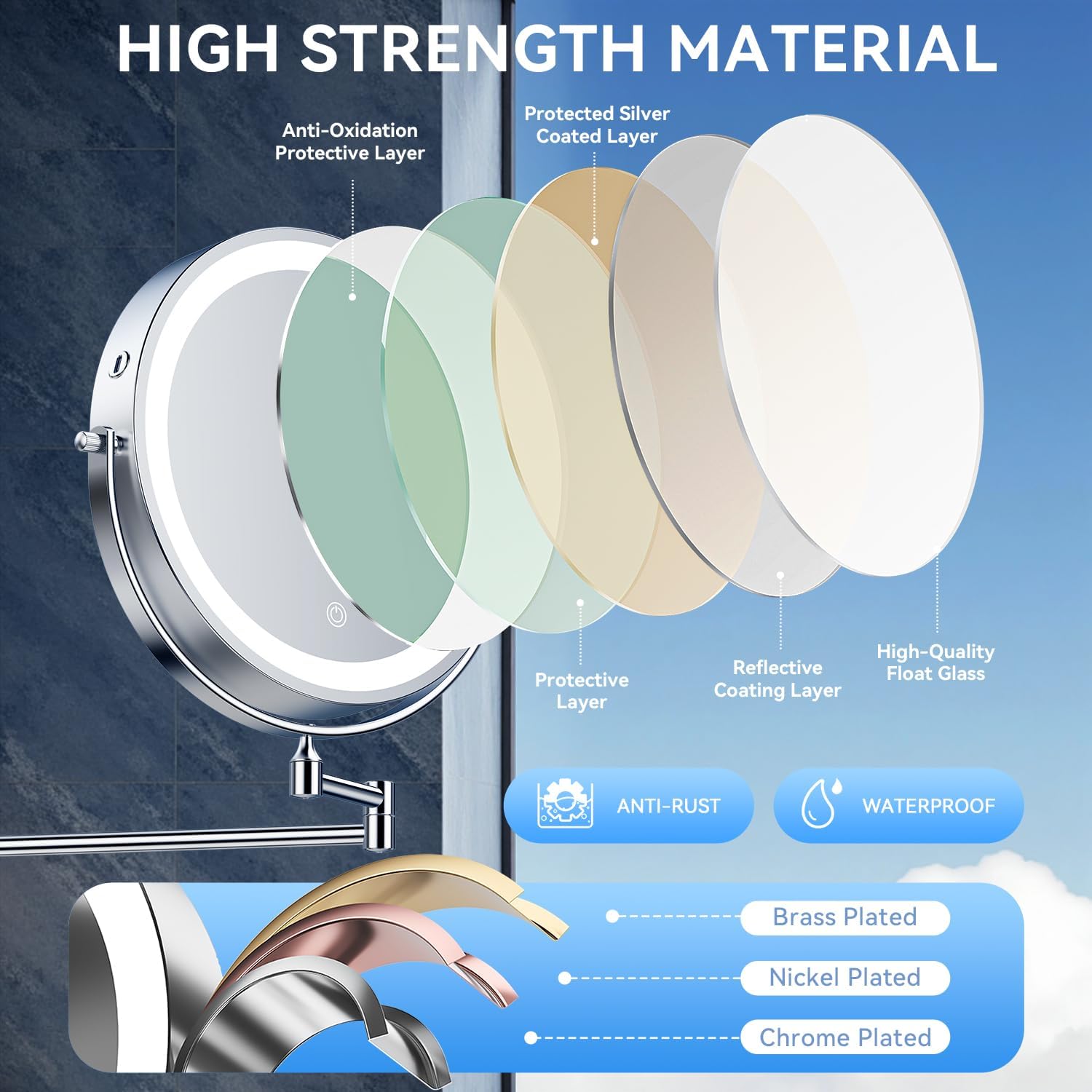 9'' 30X/1X Wall Mounted Lighted Makeup Mirror, 5000mAh Rechargeable Double-Sided Magnifying Mirror with Light, Vanity Mirror Touch Dimmable 3 Colors 360° Rotation Extended Foldable Arm, Power Adapter - Image 8