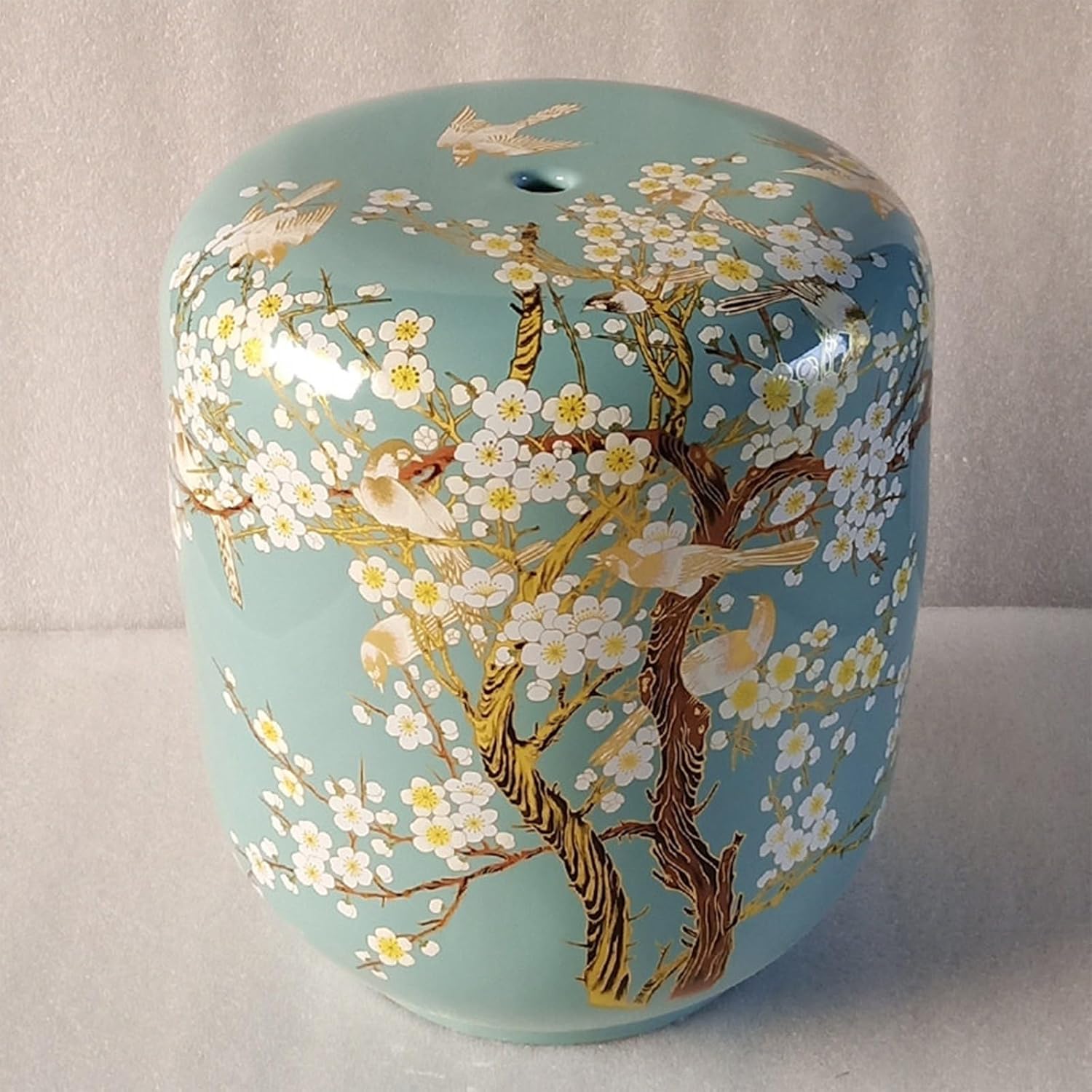 Hand Painted Garden Stools, Ceramic Garden Stool with Magpie Plum-Blossom, Decorative Chinoiserie Ceramic Drum Indoor Outdoor Garden Stool(Sky Blue)