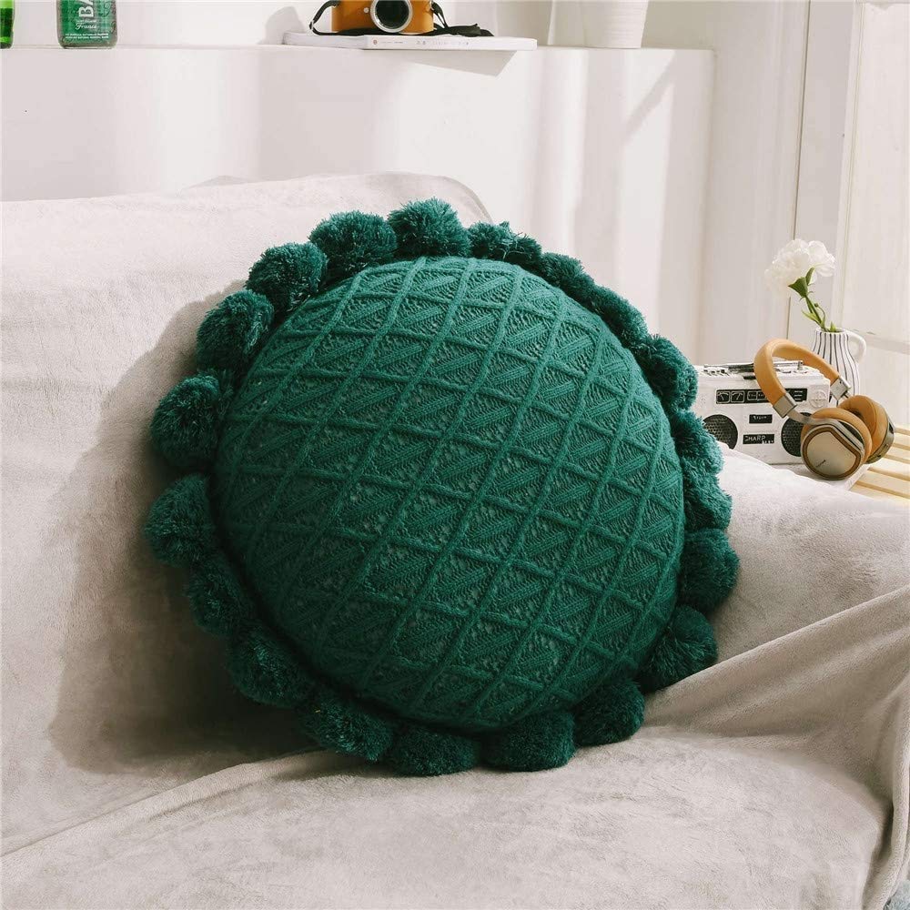 MiDuoHU Round Futon Cushions, Boho decorative cushion with Pompoms, Woven Pillows For Home Sofa Decor(Green)