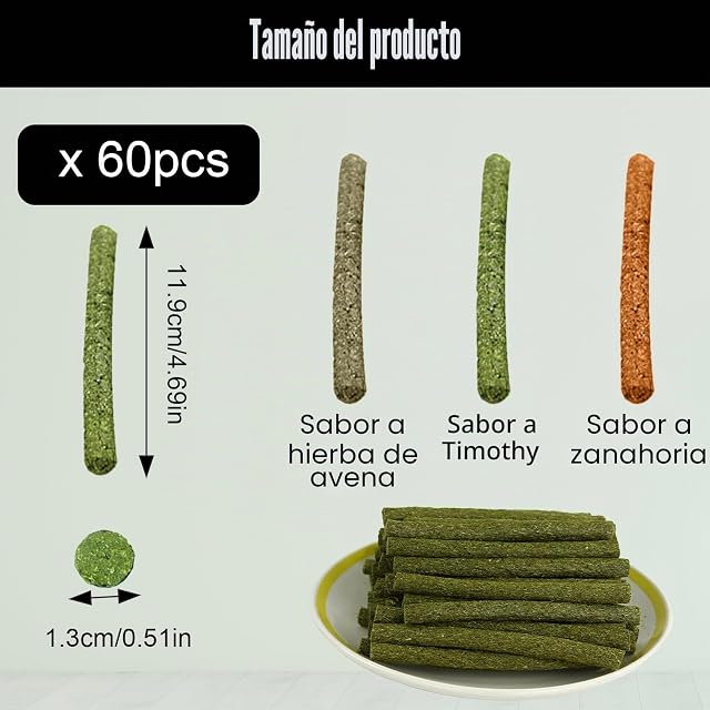 Foto 2 de 7 de BAIFULAI 60 palitos de heno Timothy, 3 sabores para conejos, juguetes para masticar