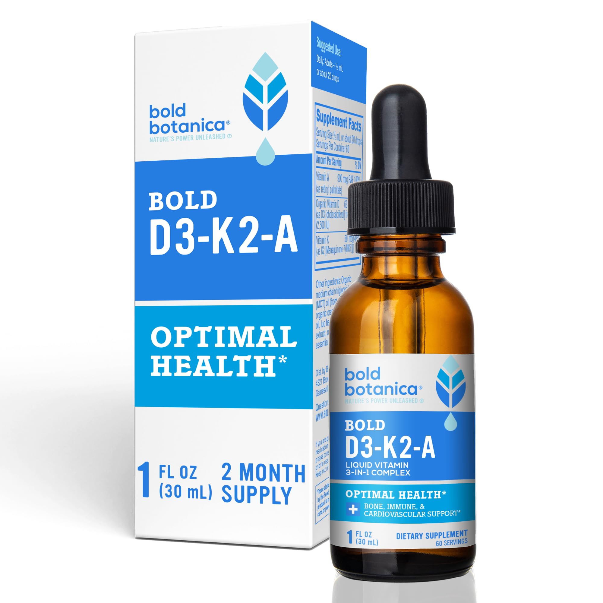 D3-K2-A - 3-in-1 Complex Liquid Vitamin - Vegan Vitamin D3 with Vitamin K2 and Vitamin A Dietary Supplement - 1 FL OZ. (30mL)