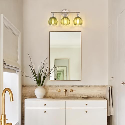 Miniatura 2 de Lámpara de baño, lámpara de pared de tocador de 3 luces sobre espejo con pantalla de cristal de tulipán verde para dormitorio, sala de estar, níquel
