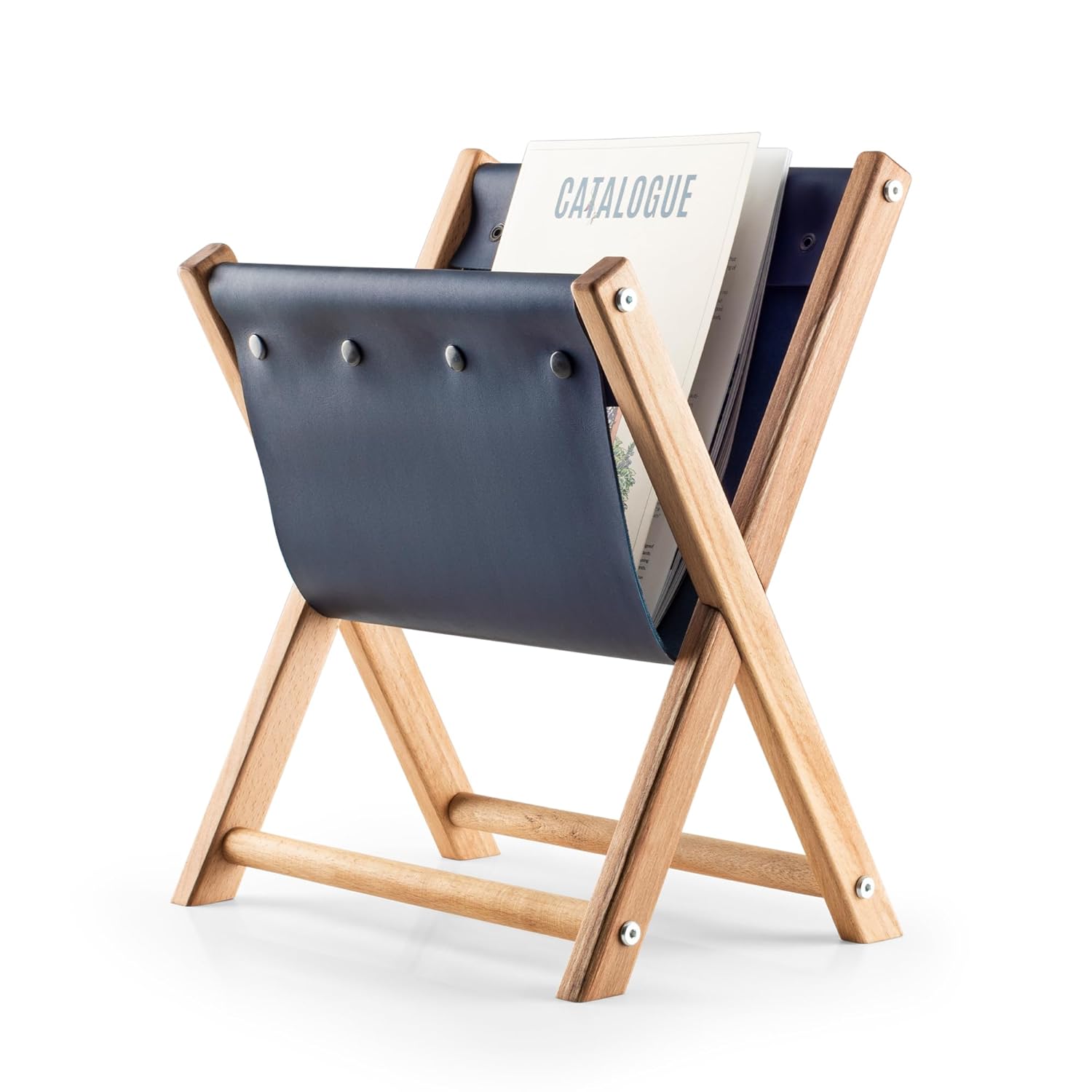Handmade Black Leather and Wooden Magazine Rack – Newspaper & Book Holder for Living Room or Office, Modern Minimalist Magazine Stand (Navy Blue Leather, Natural Wood)