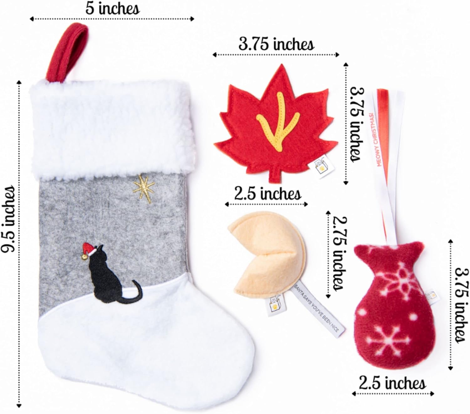 Cat in the Box Christmas Stocking for Cats with 3 Holiday Toys: Fortune Cookie with a Message from Santa, Fleece Fish, and Crinkly Maple Leaf