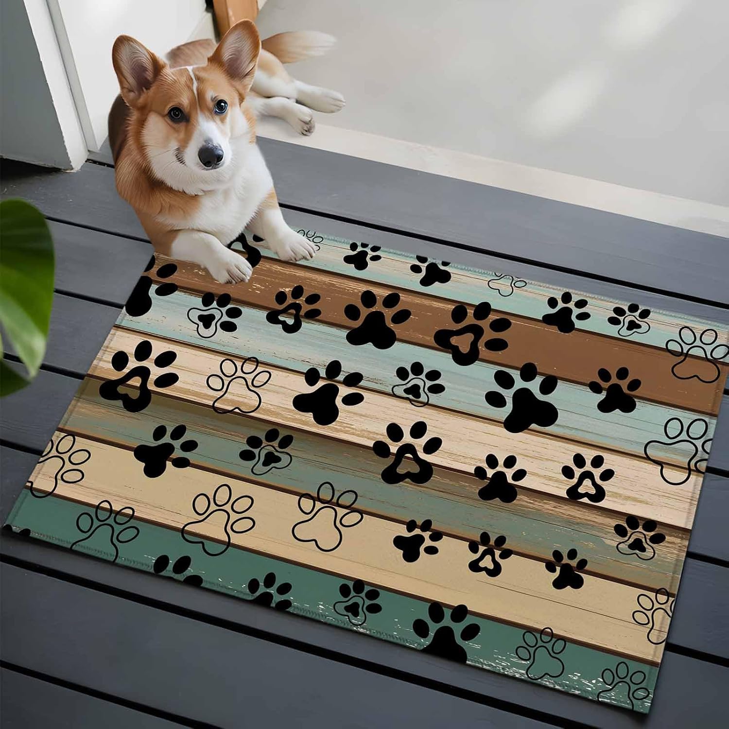 Black Paw Print Bathroom Rug Washable 2x3 Entryway Rug Non Slip Farmhouse Vintage Shabby Wood Grain Front Door Mat Low Pile Indoor Doormat Throw Floor Carpet for Kitchen Bedroom Entrance