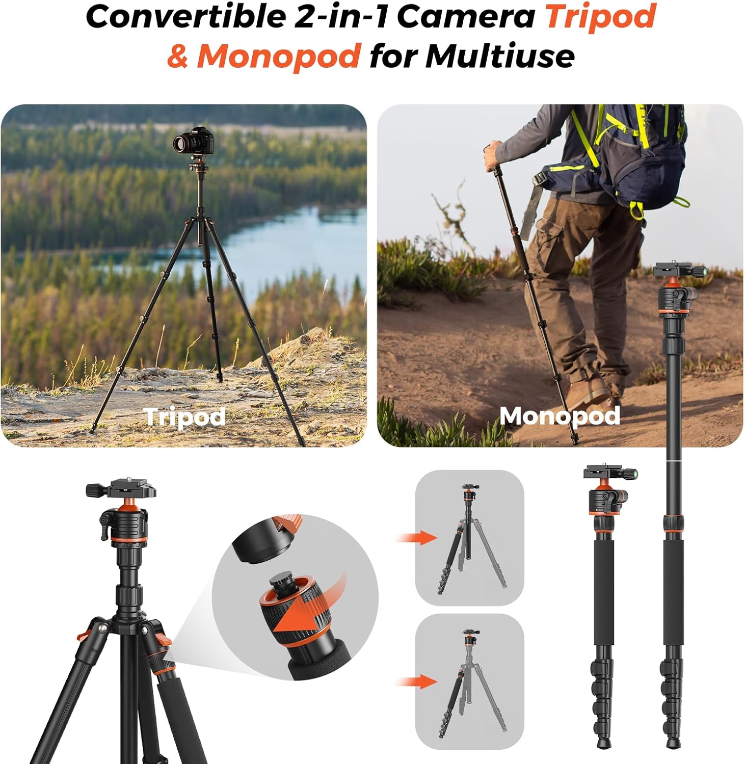 NearStream 72" Camera Tripod with 360° Ball Head, Heavy Duty Aluminum Adjustable 21–72 Inch Tripod/Monopod, 9 lb Load Professional Tripod for DSLR, Camera, Photography, Video Recording& Live Streaming